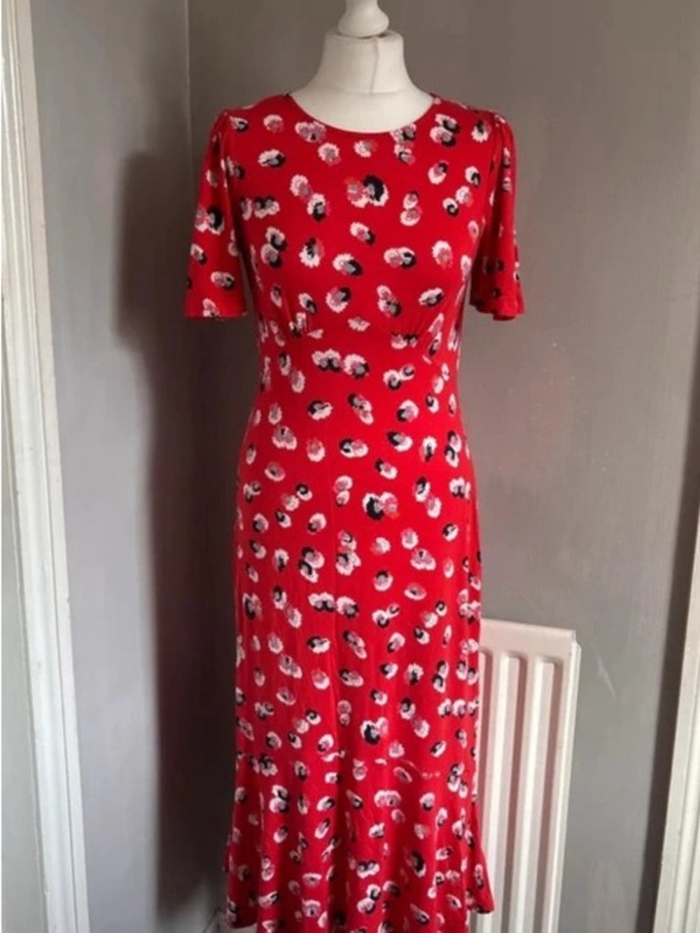 Red Floral Maxi Dress with Short Sleeves and Ruffle Hemline